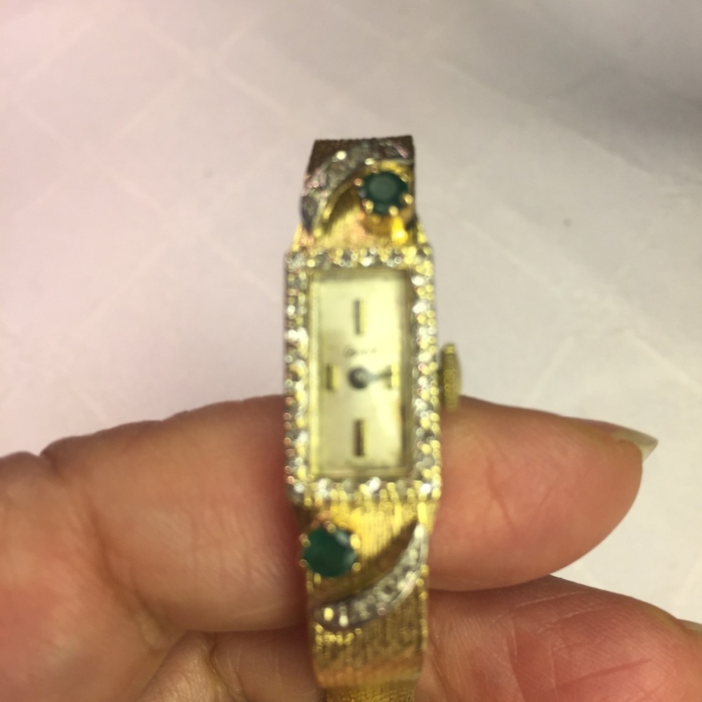 ANTIQUE GENEVE 14K GOLD/34 DIA 2 EMERALDS 3MM EA
